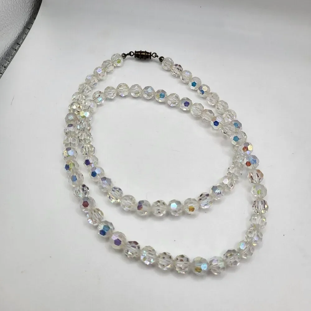 Vintage 50s Faceted AB Crystal Single Strand Necklace 24in